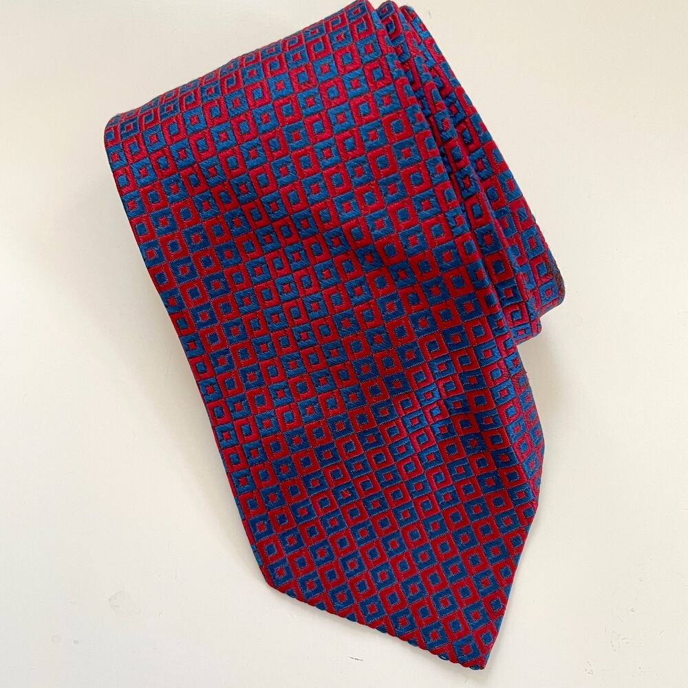 Vintage Pierre Cardin SyDevore Silk Neck Tie Red Blue Geometric Italy 3.5" x 57"